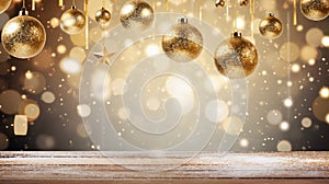 Christmas designs with a background featuring transparent glass balls adorned with snow, suspended from golden ribbons.