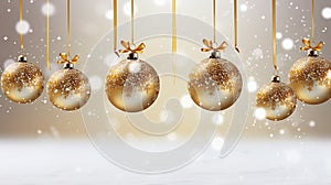 Christmas designs with a background featuring transparent glass balls adorned with snow, suspended from golden ribbons.