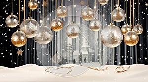 Christmas designs with a background featuring transparent glass balls adorned with snow, suspended from golden ribbons.