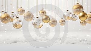 Christmas designs with a background featuring transparent glass balls adorned with snow, suspended from golden ribbons.