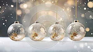 Christmas designs with a background featuring transparent glass balls adorned with snow, suspended from golden ribbons.