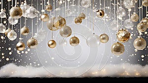 Christmas designs with a background featuring transparent glass balls adorned with snow, suspended from golden ribbons.