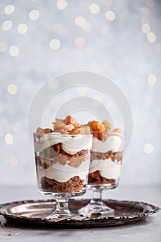 Christmas dessert with gingerbread cookies and pears