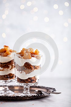 Christmas dessert with gingerbread cookies and pears