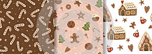 Christmas dessert seamless pattern set. Gingerbread house, cookies, pastry. Vector repeat background.