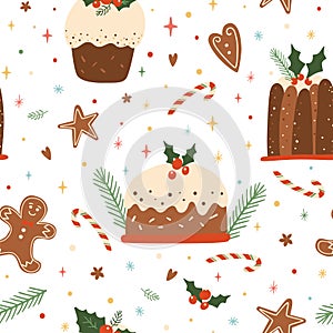 Christmas dessert seamless pattern. Vector winter holiday pudding, food, gingerbread repeat background