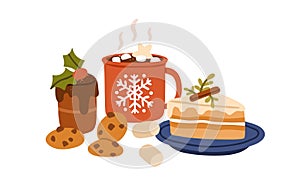 Christmas desserts, cocoa with marshmallow, cookies, cake piece. Festive hot drink in cup, holiday biscuits, pastry