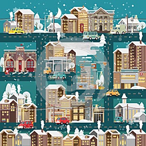 Christmas detailed snow night town with city roads, cars and cute houses. Happy New Year vector template in modern flat design.