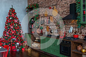 Christmas dining room interior. New Year decorations, table, fir tree. Winter holidays celebration. Christmas decor in