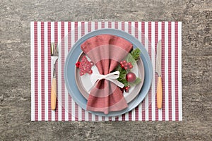 Christmas dinner background with rustic decorations and kitchen utensil . View from above