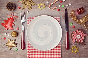 Christmas dinner background with rustic decorations. View from above