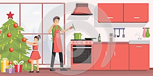 Christmas dinner cooking flat vector illustration. Young man in apron and cheerful little girl cartoon characters