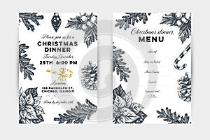 Christmas dinner hand drawn vector invitation and menu template