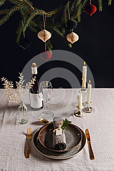 christmas dinner party table serving at home
