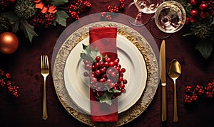 Christmas dinner place setting.Overhead view of a Festive holiday dining table