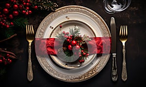 Christmas dinner place setting.Overhead view of a Festive holiday dining table