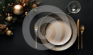 Christmas dinner place setting.Overhead view of a Festive holiday dining table