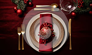Christmas dinner place setting.Overhead view of a Festive holiday dining table