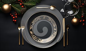 Christmas dinner place setting.Overhead view of a Festive holiday dining table