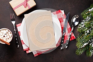 Christmas dinner plate, silverware, fir tree, hot chocolate
