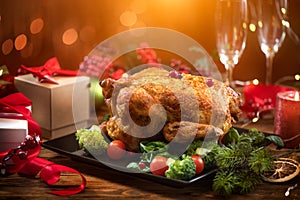 Christmas Dinner. Roasted chicken. Winter Holiday table served, decorated with candles. Roast turkey over blinking background