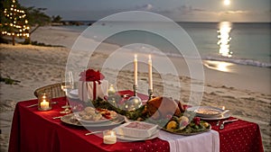Christmas dinner romantic table setting on the beach.