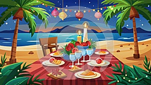 Christmas dinner romantic table setting on the beach.