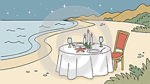 Christmas dinner romantic table setting on the beach.
