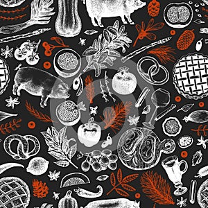 Christmas dinner seamless pattern. Vector hand drawn illustrations on chalk board. Happy Christmas dinner retro design. photo