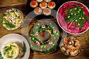 Christmas dinner set of food on wooden table. Top view