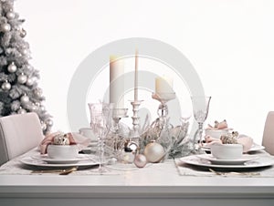 Christmas dinner setting in a light modern dining room. Winter holidays and celebration concept - table served for festive party