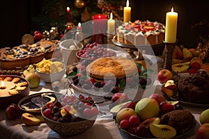 christmas dinner table with desserts, fruits, and other holiday treats