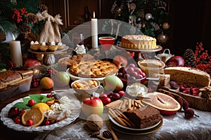 christmas dinner table with desserts, fruits, and other holiday treats