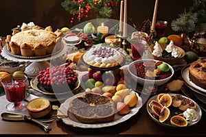 christmas dinner table with desserts, fruits, and other holiday treats