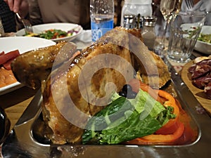 Christmas Dinner table full of dishes with food and snacks