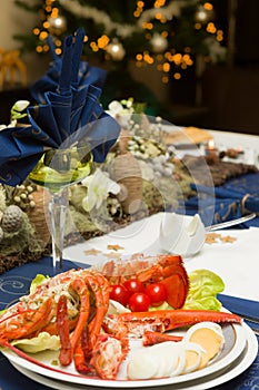 Christmas dinner table with lobster