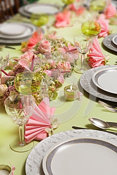 Christmas dinner table in pastel colors