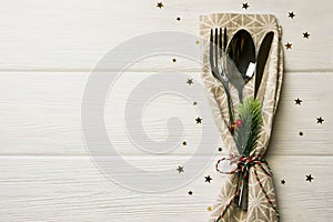 Christmas dinner table place setting, festive background