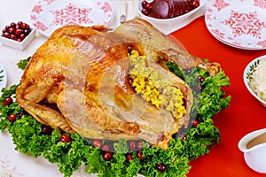 Christmas dinner table served with turkey, decorated with kale and cranberry