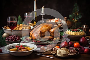 christmas dinner, with turkey, stuffing, and other holiday favorites on the table