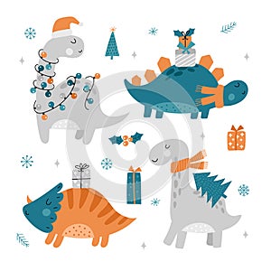 Christmas dinosaurs set. Cute dinosaurs with gifts and Santa hats. Hand drawn vector illustrations