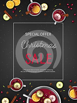 Christmas discount Sale flyer with Winter traditional drink punch in a bowl and cups, oranges, apples, spices, cardamom, cinnamon