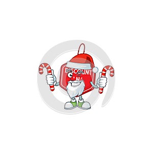 Christmas discount tag Cartoon character in Santa with candy
