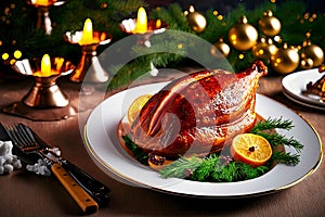 christmas dish delicious baked whole fried duck on plate on table