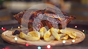 Christmas dish for the whole family. Appetizing baked duck with apples for the holidays.