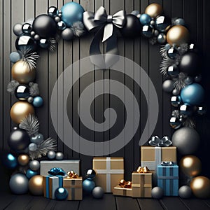 Christmas display with a garland of blue, silver, and gold ornaments over gift boxes against dark wood background