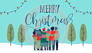 Christmas diverse friend group hug greeting card