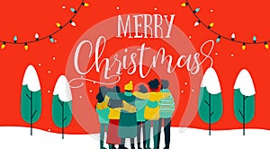Christmas diverse friend group hug greeting card