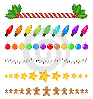 Christmas dividers collection. Vector holiday ornamental borders set. Celebration separation lines with candy cane,holly berry,