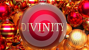 Christmas Divinity - dozens of golden rich and red Holiday ornaments with a Divinity red ball in the middle, 3d illustration